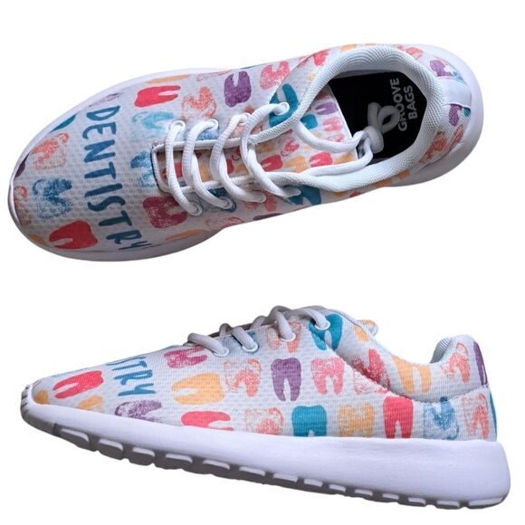 Groove Bags Custom Print Dentistry Lightweight Lace Up Sneaker White Multi Siz 8 - Picture 1 of 13